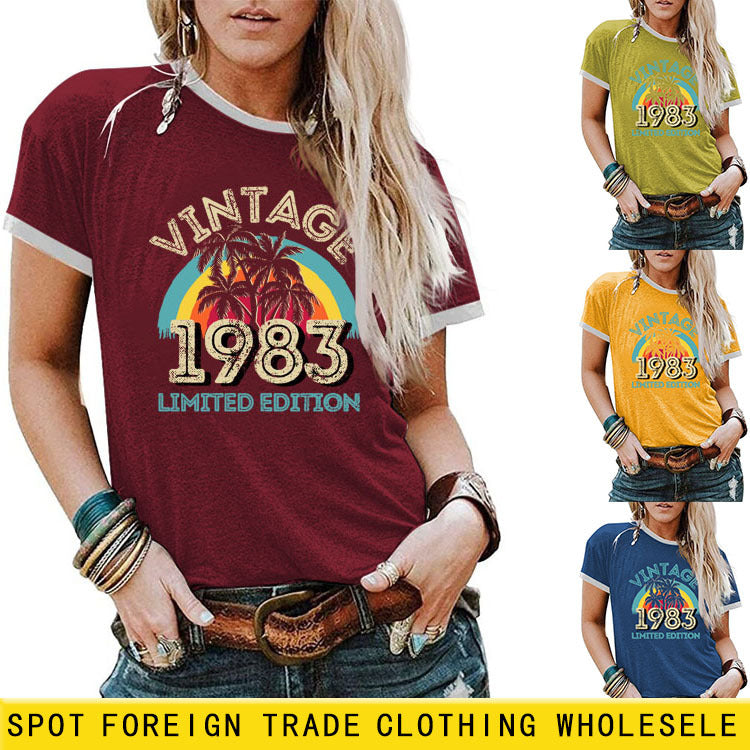 Mode Vintage 1983 motif de cocotier décontracté col rond manches courtes femmes T-shirt