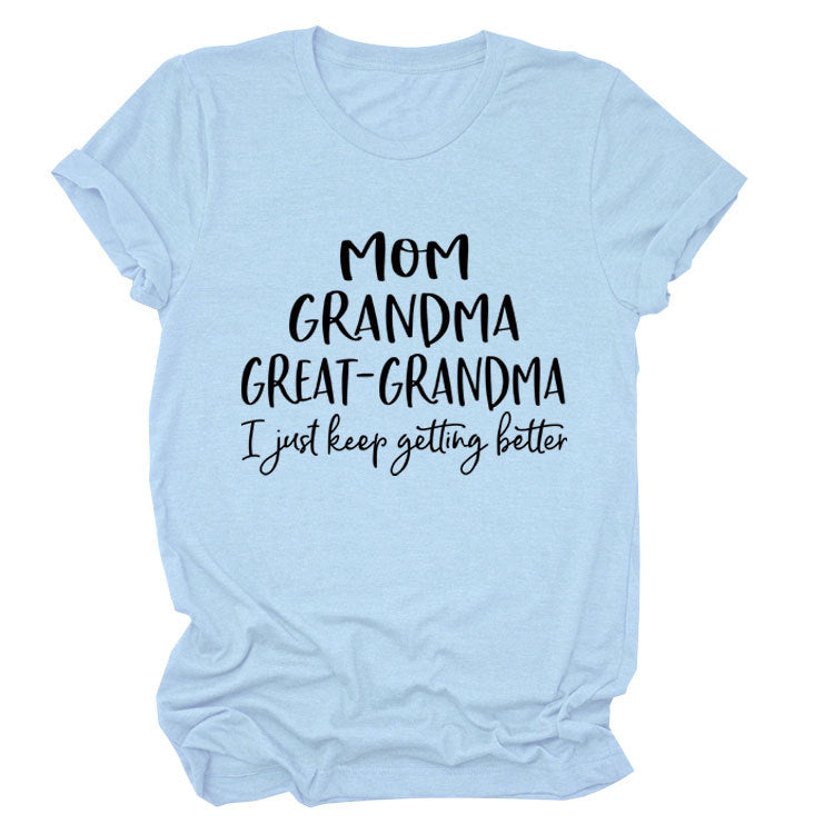 Loose Short Sleeve MOM GRANDMA GREAT Letter Print Crew Neck T-Shirt