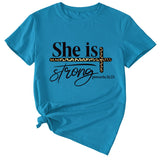 She Is Strong Letter Printed Round Neck Short Sleeved T-shirt
