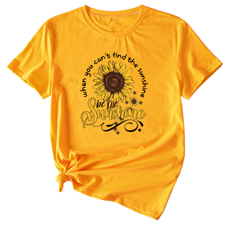 When You Cant Find Letters Sunflower Printed Round Neck Short Sleeve T-shirt