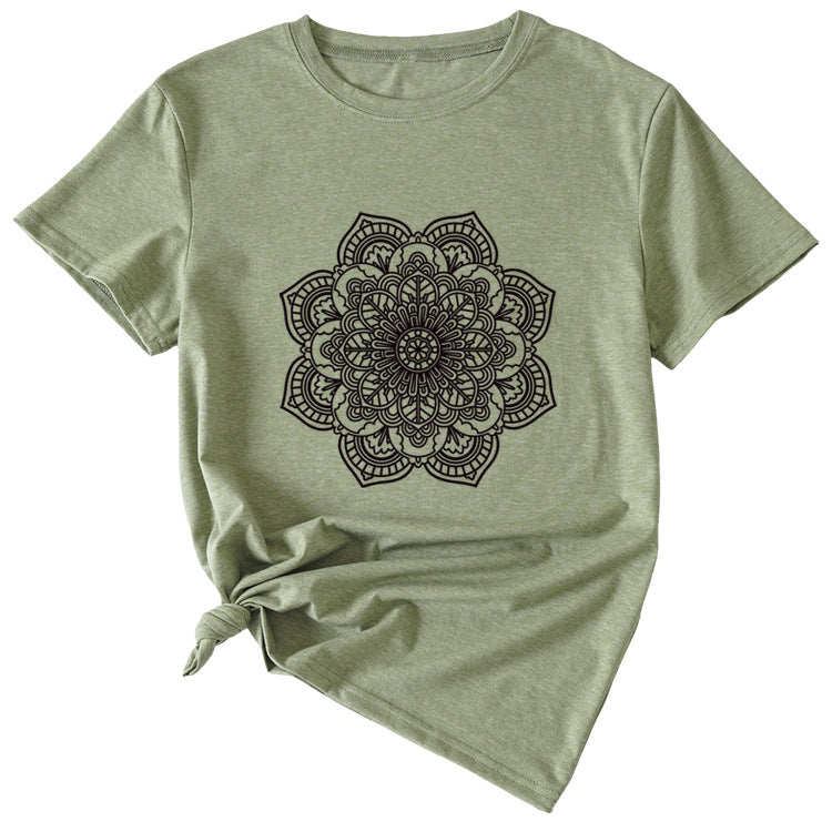 Flower Pattern Printed Casual Loose Round Neck Short Sleeves