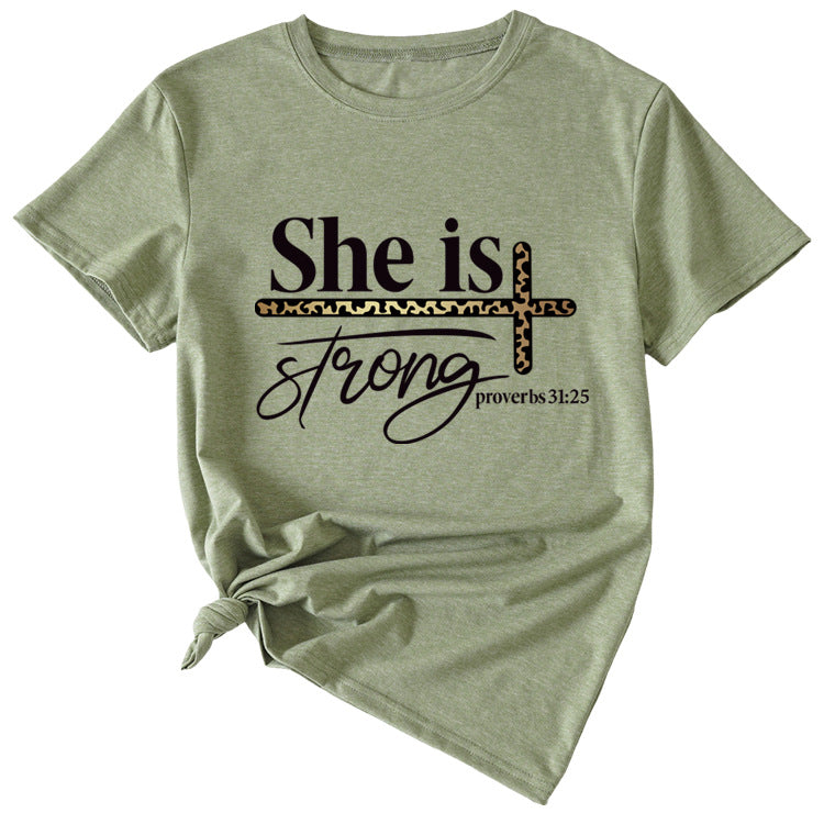 She Is Strong Letter Printed Round Neck Short Sleeved T-shirt