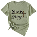 She Is Strong Letter Printed Round Neck Short Sleeved T-shirt