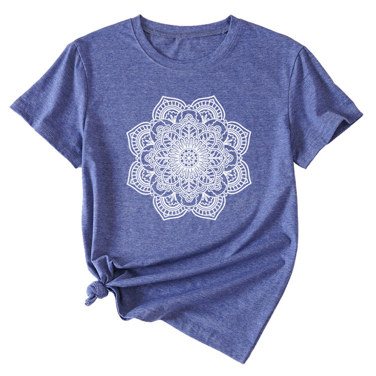 Flower Pattern Printed Casual Loose Round Neck Short Sleeves