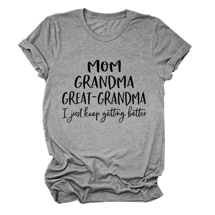 Loose Short Sleeve MOM GRANDMA GREAT Letter Print Crew Neck T-Shirt