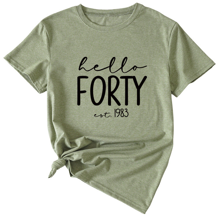 English Letter Hello Forest Est 1983 Round Neck Short Sleeve T-shirt