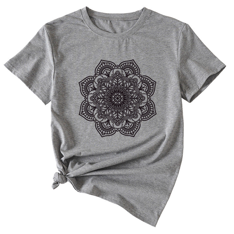 Flower Pattern Printed Casual Loose Round Neck Short Sleeves