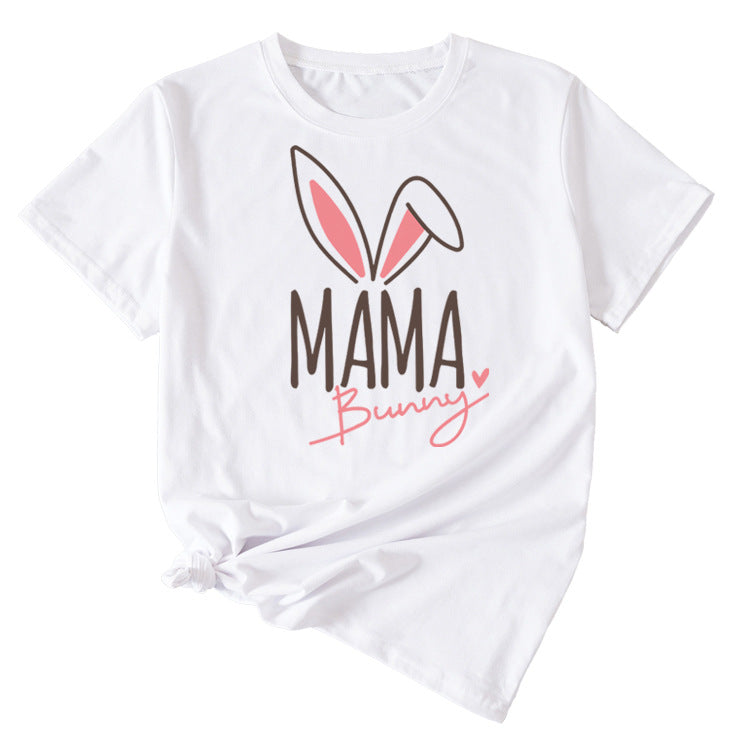 Cute Mama Bunny Pattern Women's Casual Round Neck Short Sleeve T-Shirt