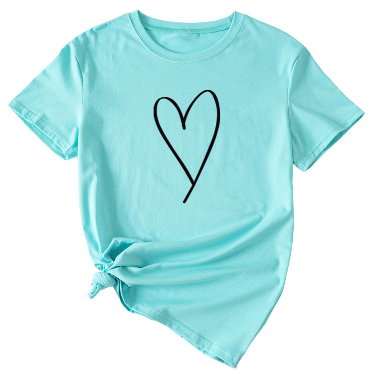 Fashion Womens Blouse Simple Love Pattern Printing Casual Round Neck Short Sleeve.