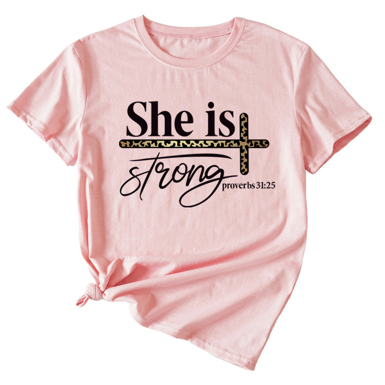 She Is Strong Letter Printed Round Neck Short Sleeved T-shirt