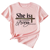 She Is Strong Letter Printed Round Neck Short Sleeved T-shirt