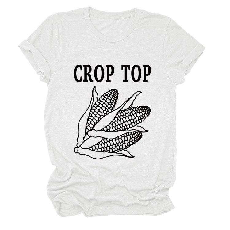 CROP TOP Corn Letter Print Crew Neck Fashion Short Sleeve Loose T-Shirt Women