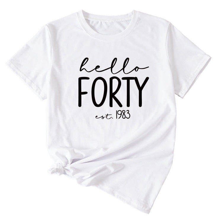 English Letter Hello Forest Est 1983 Round Neck Short Sleeve T-shirt