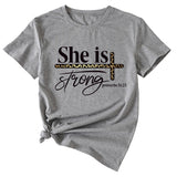 She Is Strong Letter Printed Round Neck Short Sleeved T-shirt