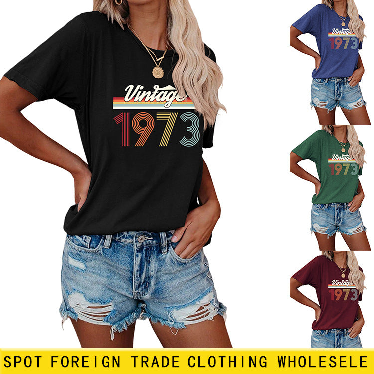 VINTAGE 1973 femmes mode d'été décontracté col rond chemise à manches courtes