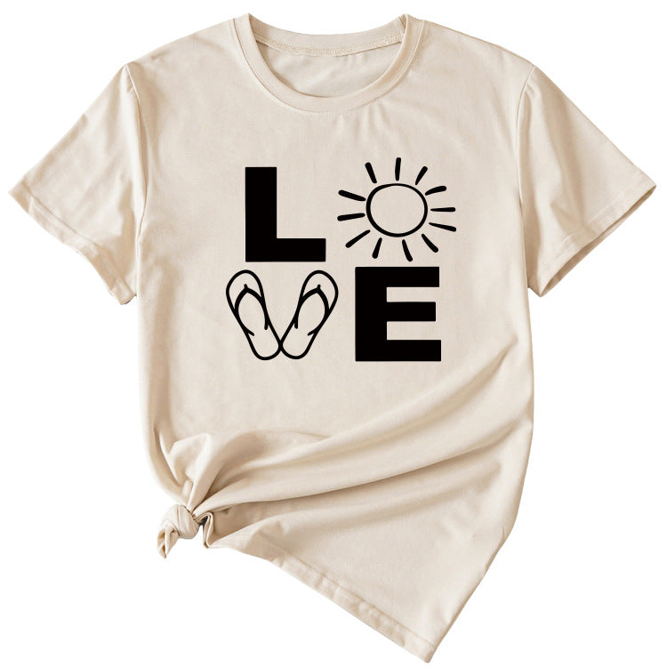 LOVE Fun Pattern Women's Loose Round Neck Short Sleeve Top Shirt