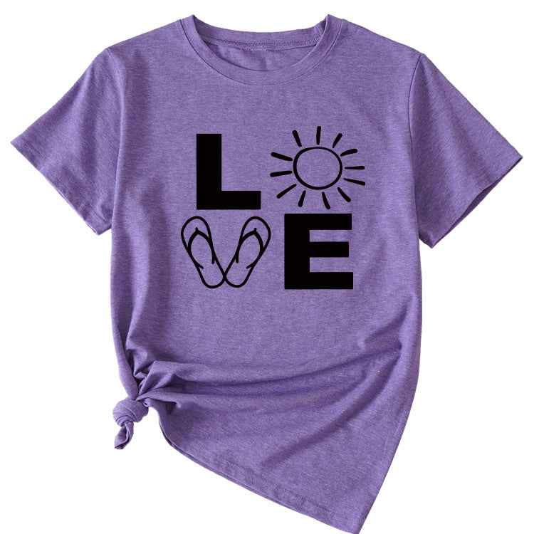 LOVE Fun Pattern Women's Loose Round Neck Short Sleeve Top Shirt