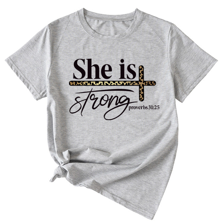 She Is Strong Letter Printed Round Neck Short Sleeved T-shirt