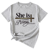She Is Strong Letter Printed Round Neck Short Sleeved T-shirt