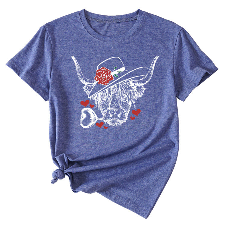 T-shirt à manches courtes et col rond pour femmes, à la mode, motif Rose Bullhead, décontracté