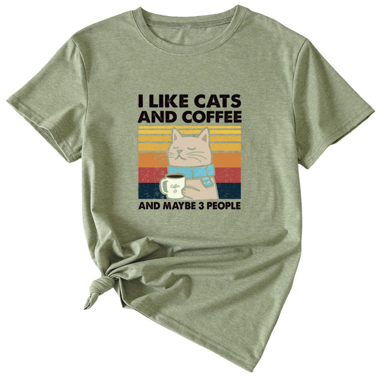 I Like Cats And Coffee Fun Pattern Short Sleeve Woman