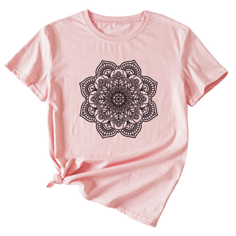 Flower Pattern Printed Casual Loose Round Neck Short Sleeves