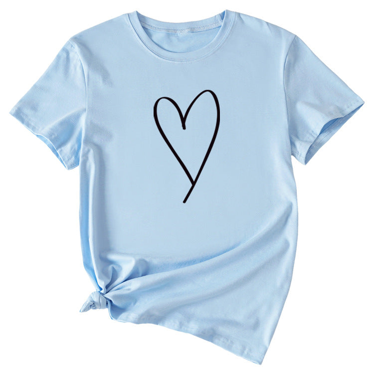 Fashion Womens Blouse Simple Love Pattern Printing Casual Round Neck Short Sleeve.