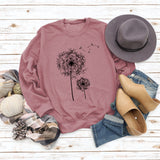 Bedrucktes Löwenzahn-Rundhals-Langarmshirt für Damen, lockerer Pullover