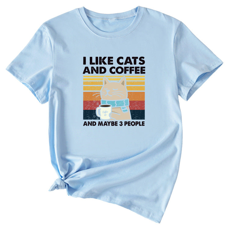 I Like Cats And Coffee Fun Pattern Short Sleeve Woman