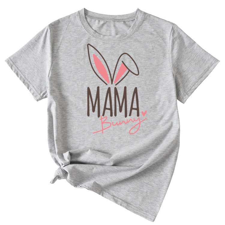 Cute Mama Bunny Pattern Women's Casual Round Neck Short Sleeve T-Shirt