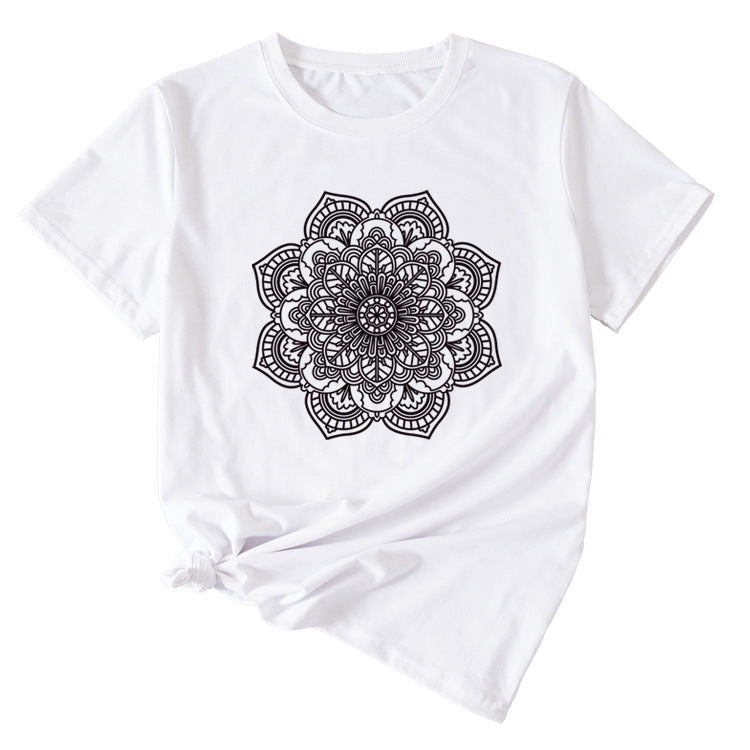 Flower Pattern Printed Casual Loose Round Neck Short Sleeves