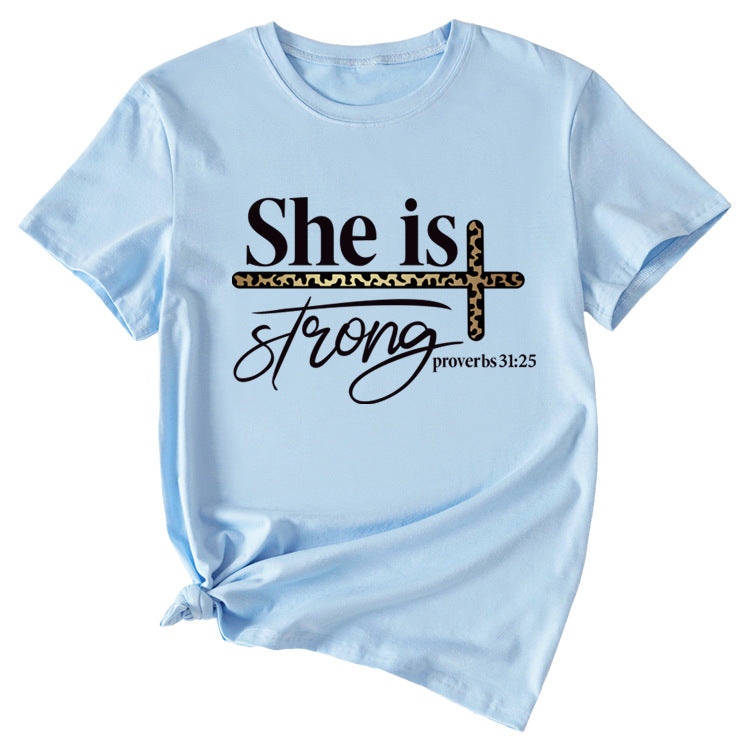 She Is Strong Letter Printed Round Neck Short Sleeved T-shirt