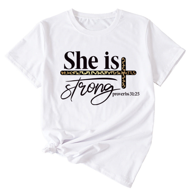 She Is Strong Letter Printed Round Neck Short Sleeved T-shirt