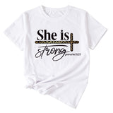 She Is Strong Letter Printed Round Neck Short Sleeved T-shirt