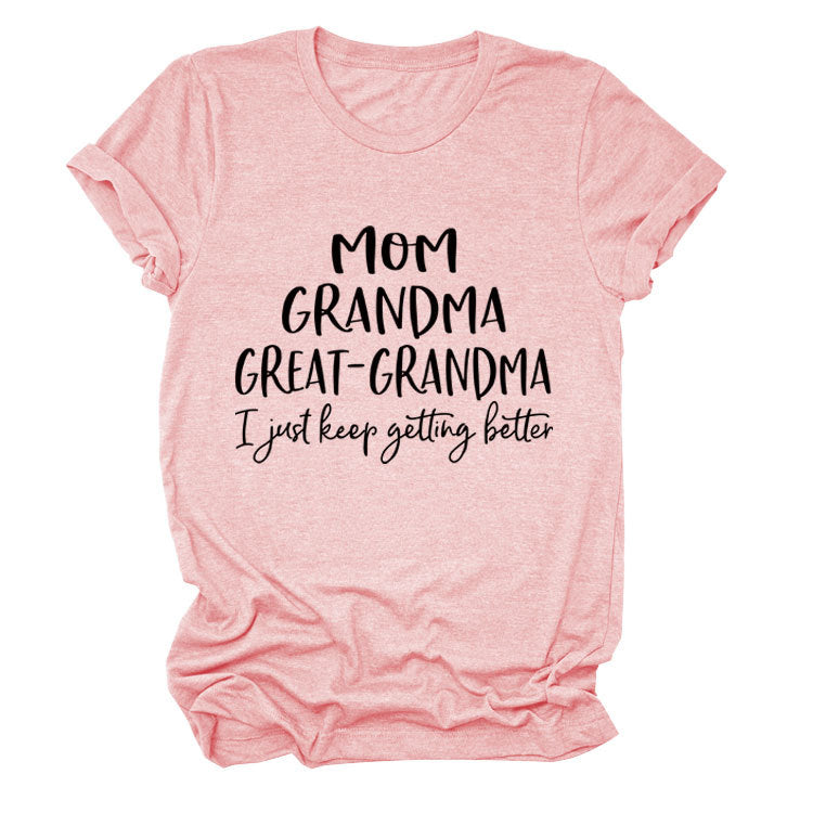 Loose Short Sleeve MOM GRANDMA GREAT Letter Print Crew Neck T-Shirt