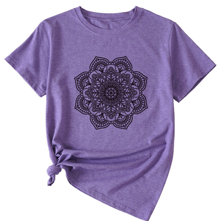 Flower Pattern Printed Casual Loose Round Neck Short Sleeves