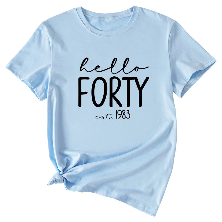 English Letter Hello Forest Est 1983 Round Neck Short Sleeve T-shirt