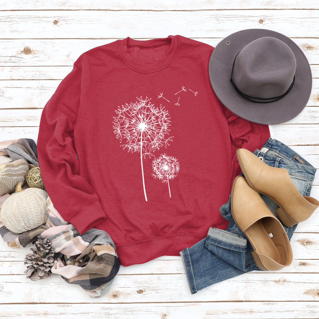 Bedrucktes Löwenzahn-Rundhals-Langarmshirt für Damen, lockerer Pullover