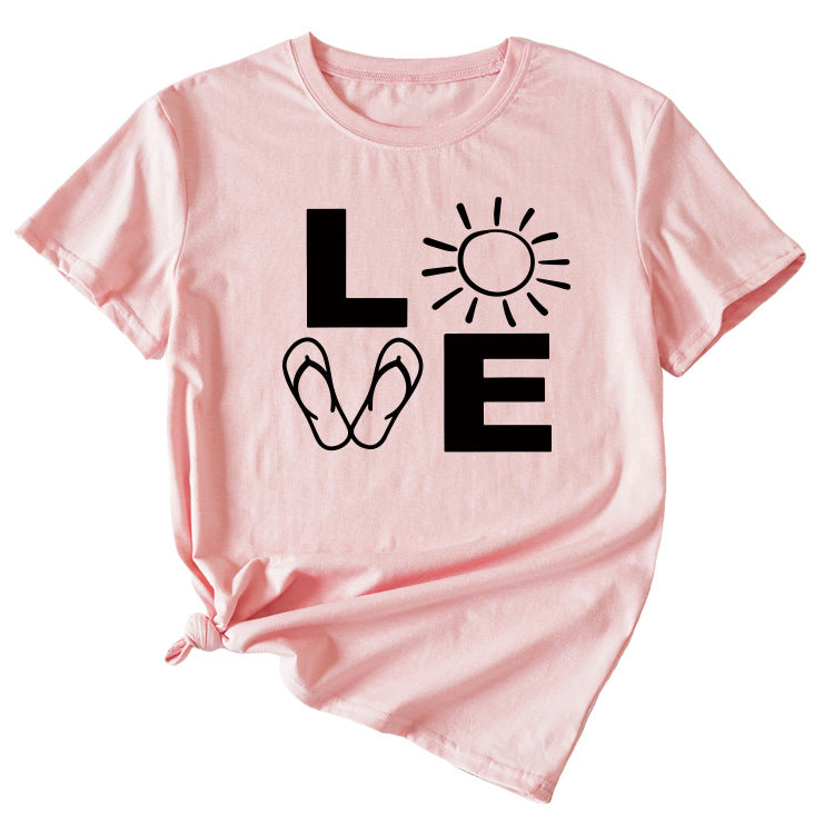 LOVE Fun Pattern Women's Loose Round Neck Short Sleeve Top Shirt