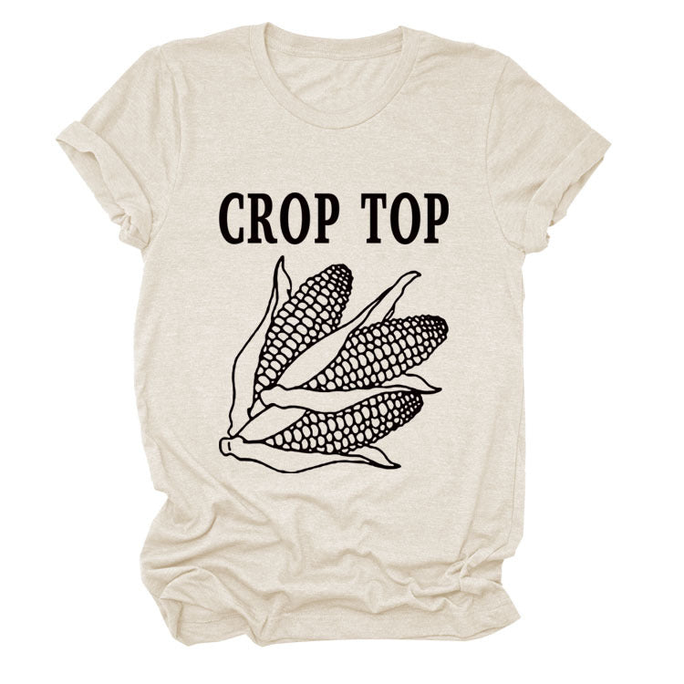 CROP TOP Corn Letter Print Crew Neck Fashion Short Sleeve Loose T-Shirt Women