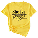 She Is Strong Letter Printed Round Neck Short Sleeved T-shirt