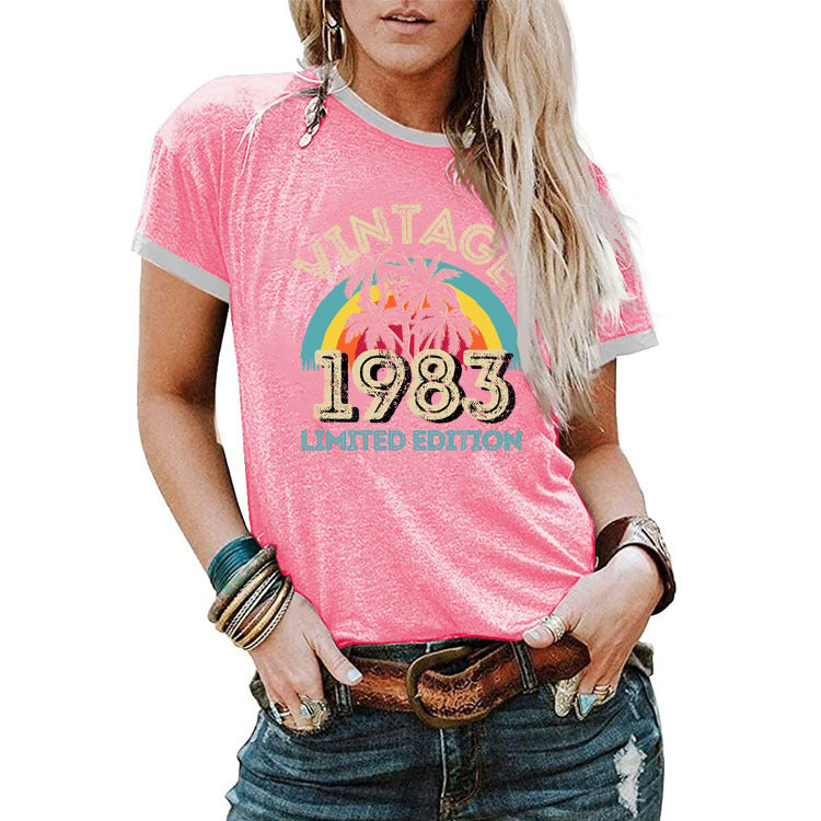 Mode Vintage 1983 motif de cocotier décontracté col rond manches courtes femmes T-shirt