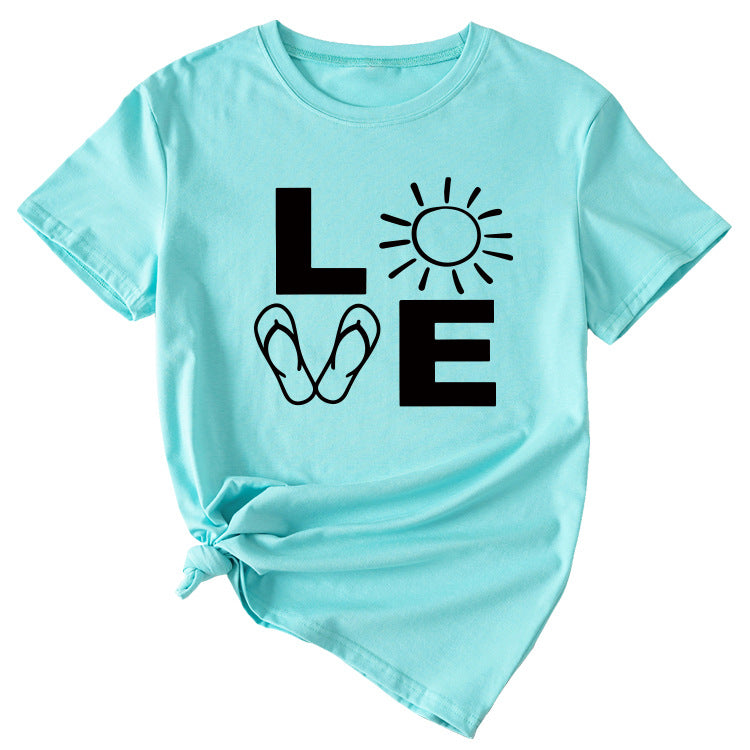 LOVE Fun Pattern Women's Loose Round Neck Short Sleeve Top Shirt