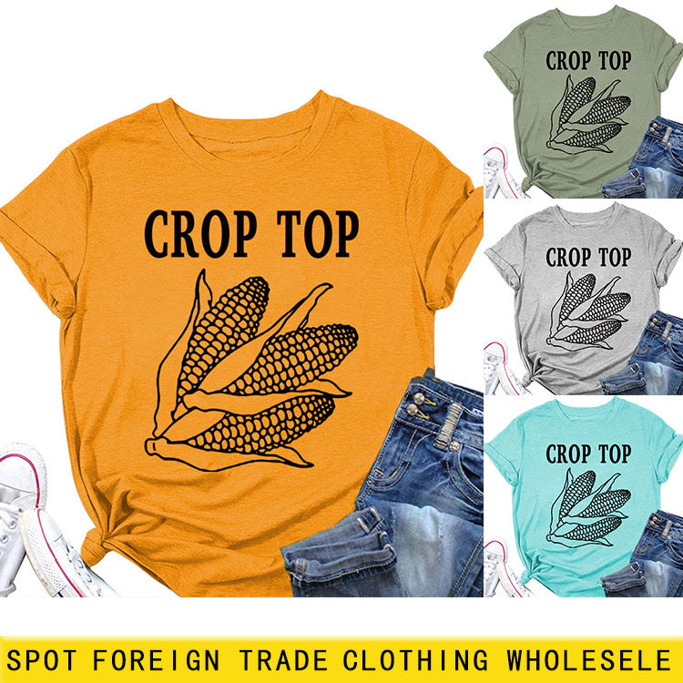 CROP TOP Corn Letter Print Crew Neck Fashion Short Sleeve Loose T-Shirt Women