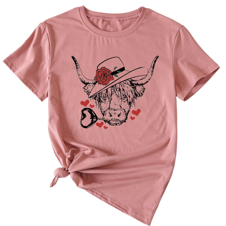 T-shirt à manches courtes et col rond pour femmes, à la mode, motif Rose Bullhead, décontracté