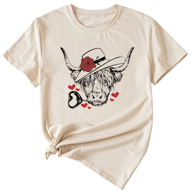 T-shirt à manches courtes et col rond pour femmes, à la mode, motif Rose Bullhead, décontracté