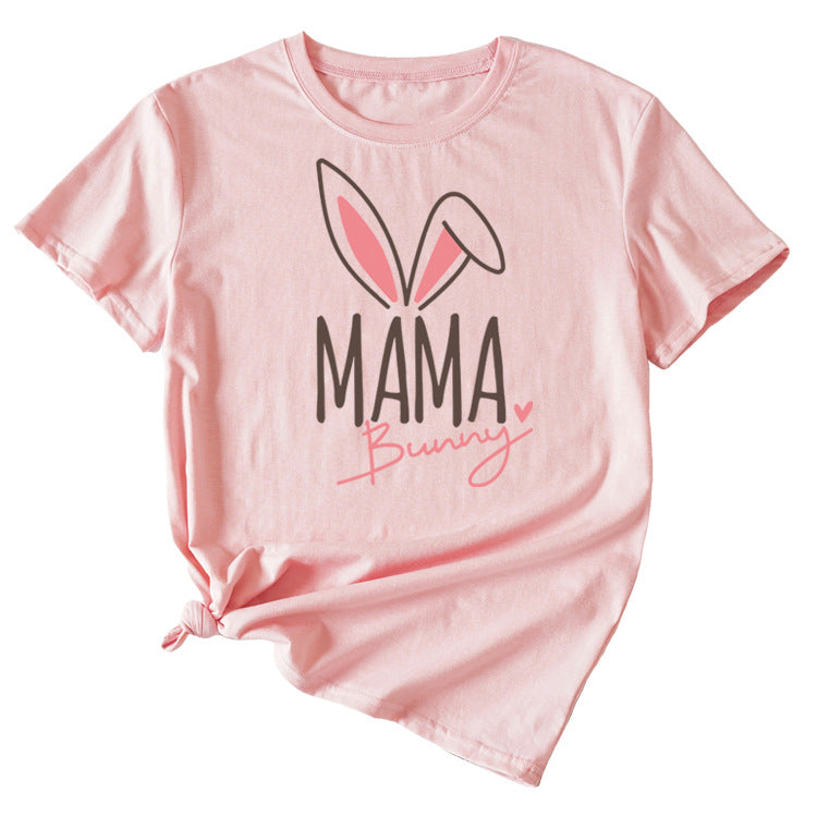Cute Mama Bunny Pattern Women's Casual Round Neck Short Sleeve T-Shirt