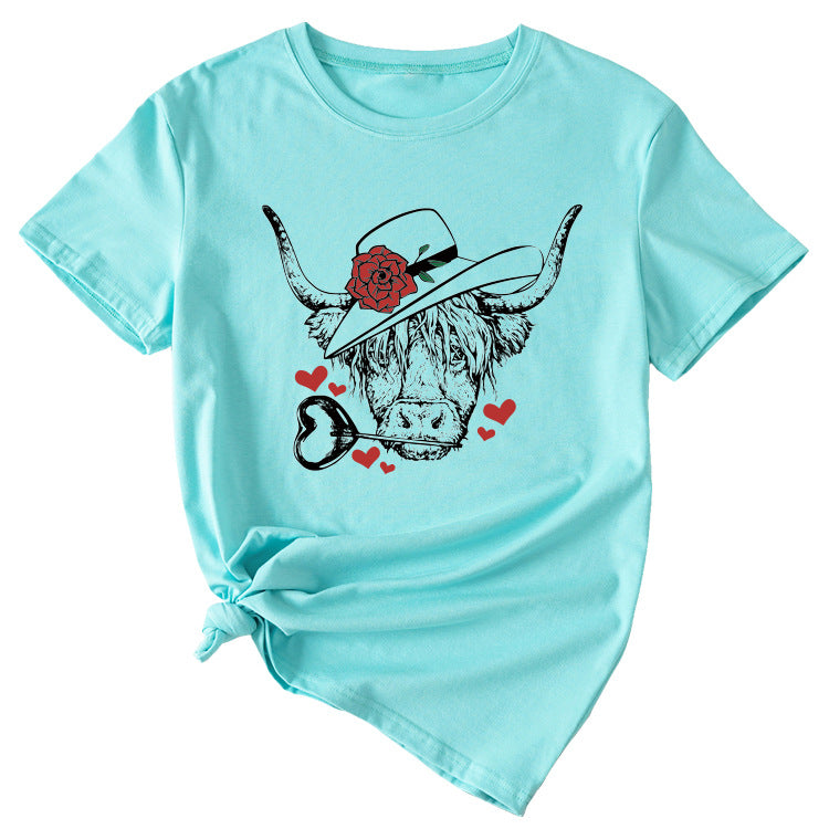 T-shirt à manches courtes et col rond pour femmes, à la mode, motif Rose Bullhead, décontracté