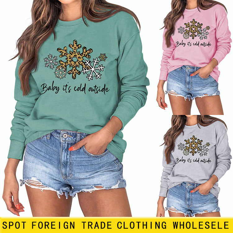 Baby, It's Cold Outside, Letter Print Leopard Print Long-sleeved Round Neck Sweater