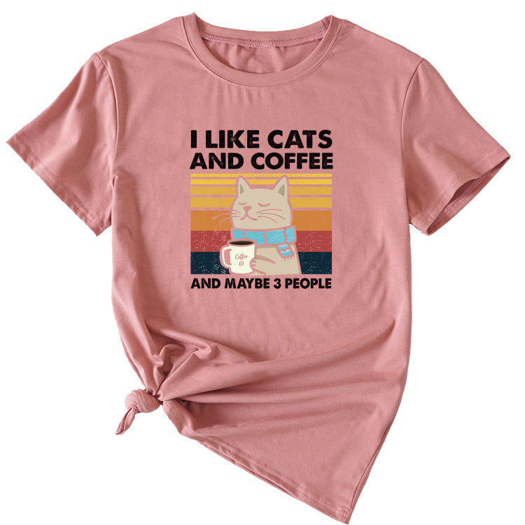 I Like Cats And Coffee Fun Pattern Short Sleeve Woman
